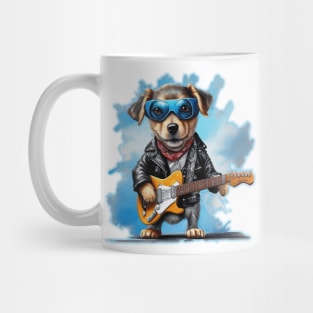 Cute Street Dog wearing a leather jacket playing guitars Mug